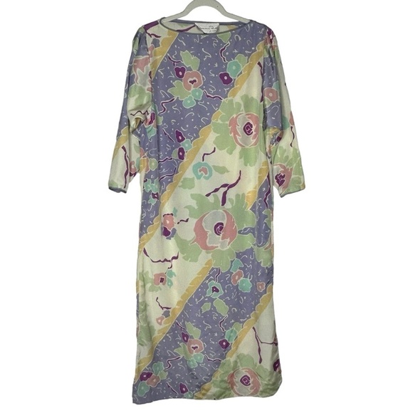 Vintage Oscar De La Renta Satin Pastel Floral Print Maxi Dress - Picture 2 of 13